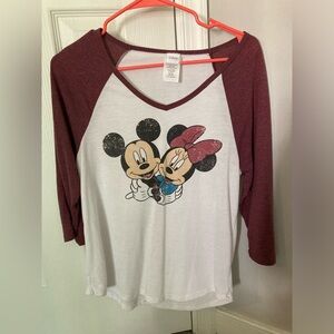 Disney Women’s Mickey & Minnie Maroon and White Raglan Shirt